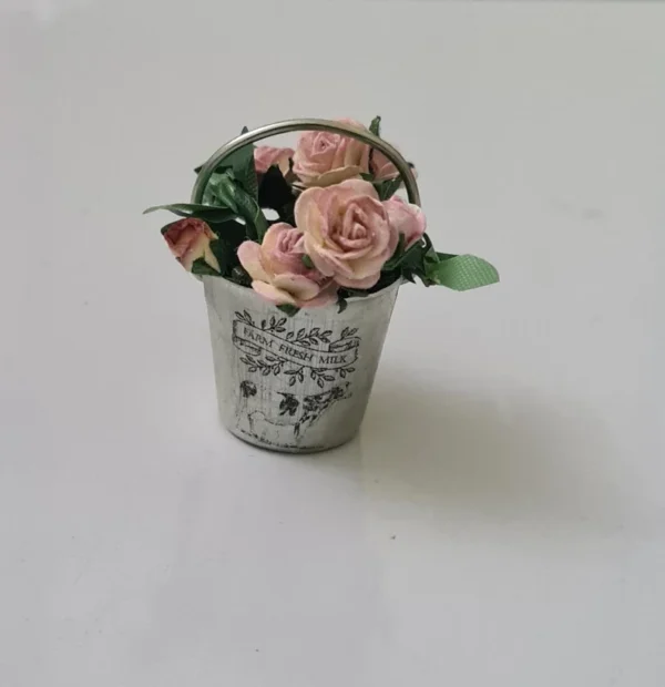 Dollhouse Miniature Metal Roses Bucket, 1/12 scale