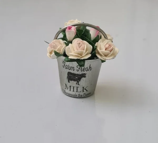 Dollhouse Miniature Metal Roses Bucket, 1/12 scale