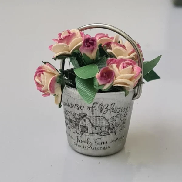 Dollhouse Miniature Metal Roses Bucket, 1/12 scale