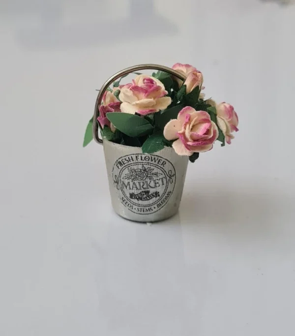 Dollhouse Miniature Metal Roses Bucket, 1/12 scale