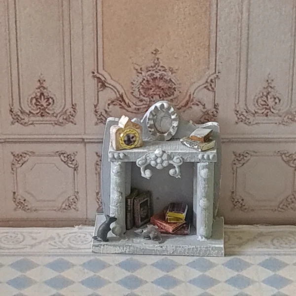 Dollhouse Miniature Decorated Fireplace with tiny mice, 1/48 scale